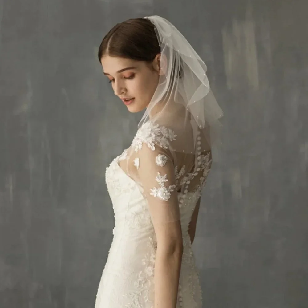 Wedding veil white bridal white pearls short shoulder elegant beautiful unique